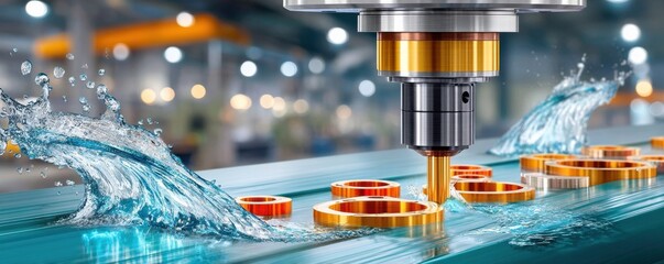Close-up of a CNC milling machine cutting metal rings on a moving conveyor in a factory