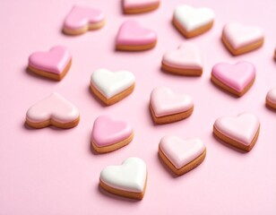 Fototapeta premium ハートの手作りクッキー アイシングクッキー バレンタインスイーツ 焼き菓子 お菓子作り ピンク背景