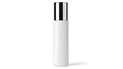 White cosmetic bottle with silver cap white bottle cylindrical packaging