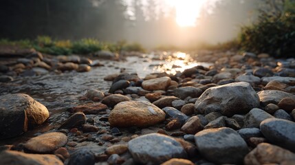 Obraz premium A serene misty morning scene of a sunlit creek bed with wet detailed pebbles in the foreground