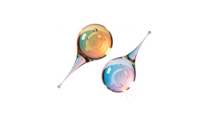 Two round drops flying around. 3d rendering background for cosmetics. Advertising beauty products such as facial serum and cleansing gel.