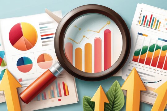 Magnifying glass over colorful charts and graphs illustrating data analysis and business growth - Powered by Adobe