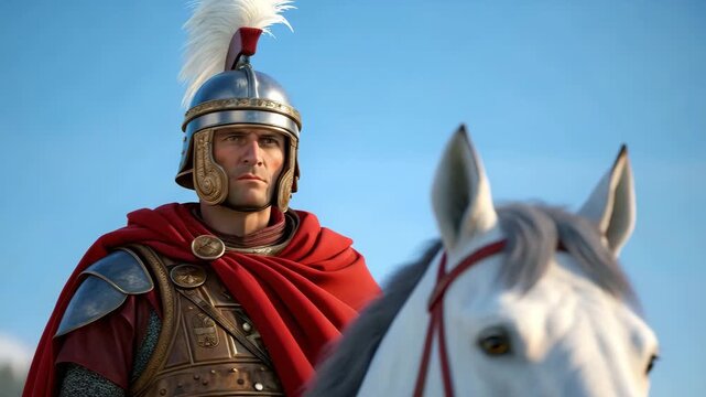 Portrait of a Roman commander in full armor with a red cape. A historical soldier and leader on his white horse. Ancient Rome military and leadership concept