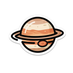 A sticker of a planet with rings and a large red spot
