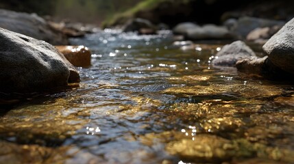 A clear sun d d stream flows over golden rocks reflecting light and movement
