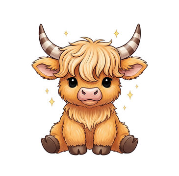 Cute Highland Cow Calf Sitting with Sparkles Transparent Background