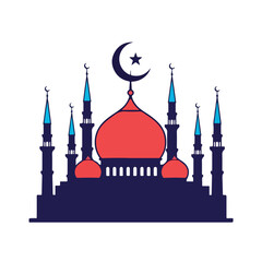 Flat design illustration of a mosque with a red dome and blue minarets against a white background, symbolizing ied mubarak and ramadhan.