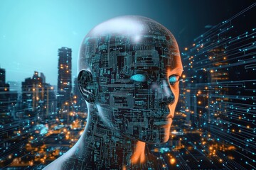 Artificial intelligence robot head featuring circuit board patterns, analyzing future city data with glowing eyes and digital network connections