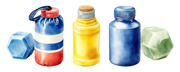 Watercolor Illustration of Sports Training Equipment and Water Bottles