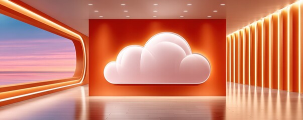 Cloud icon floating above an orange data center hallway in a futuristic digital technology scene
