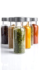 Array of spices in glass vials with silver lids against a white background create a vibrant color gradient