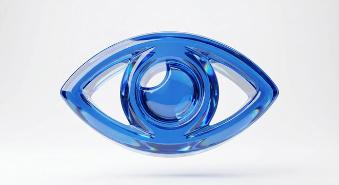 Blue glass eye 3D icon render, Transparent crystal vision logo, Glossy optic surveillance sign, Minimalist abstract iris symbol