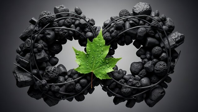 Green Leaf and Coal Infinity Symbol Representing Sustainable Energy.