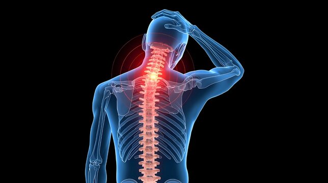 An anatomical 3D render of a human from behind, highlighting the cervical and upper thoracic spine in red to represent pain or inflammation, with a hand clutching the back of the head.