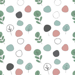 PrintSeamless botanical pattern with stylized leaves and abstract shapes in muted green and pink on white