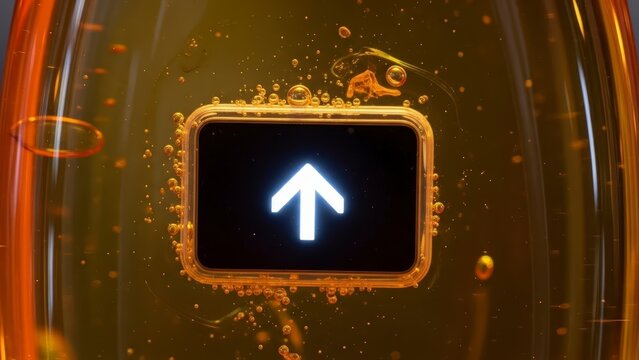 Close-up of an elevator button with an upward arrow illuminated inside a glass of champagne.