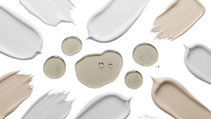 White and beige lotion or cream swatches with oil puddle cosmetic product textures. 3d rendering skin care concept flat lay background.