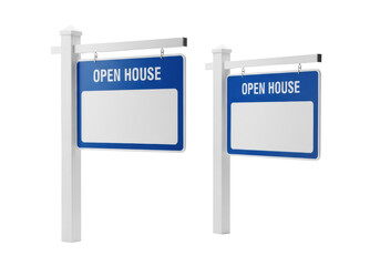two hyper-realistic modern blue real estate 'open house' signs on white posts, offset for depth, isolated on a transparent background, high-key studio lighting. concept for real estate advertising