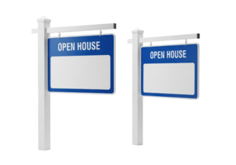 two hyper-realistic modern blue real estate 'open house' signs on white posts, offset for depth, isolated on a transparent background, high-key studio lighting. concept for real estate advertising