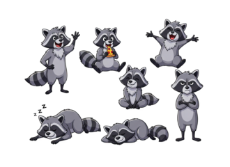 Cute Raccoon Collection Diverse Poses and Actions Isolated on Black Background