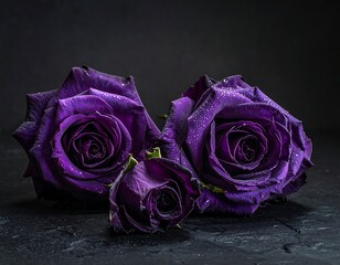 Close-up of three dark purple roses, water droplets, black background