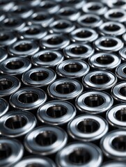 Obraz premium Precision Metal Components: An array of polished metallic rings, arranged in a precise pattern, reflects light, showcasing the precision and detail of industrial components. 