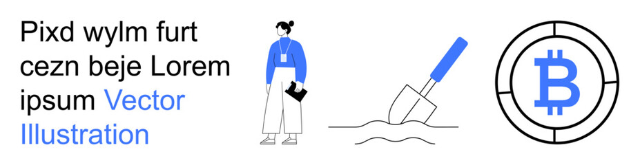 Obraz premium Blockchain technology, cryptocurrency mining, digital currency, finance analytics, fintech, investments. Bitcoin symbol and person with a clipboard. Blockchain and cryptocurrency mining concepts