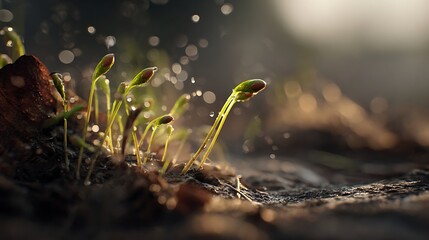 Tiny green plant shoots emerge from dark soil with sparkling water droplets illuminating the scene