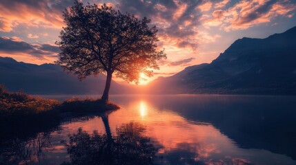 Vibrant sunset sky, with orange-pink clouds, reflected perfectly in a calm lake