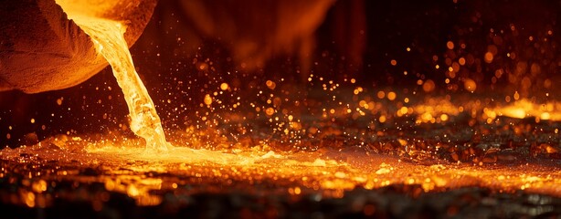 Molten Metal Pouring: A close-up view capturing the dynamic process of pouring molten metal, with glowing streams of liquid metal and sparks created during this industrial operation.