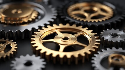 Interlocking Gears: A close-up view of intricately designed gears, their surfaces reflecting a metallic sheen, demonstrating the smooth function of precision engineering and mechanical unity.