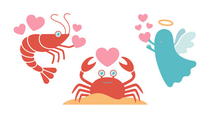 Fototapeta premium Animated Valentines: An engaging collection of delightful animated characters, including a shrimp, a crab, and a sweet angel, all exuding affection and love with heart motifs.
