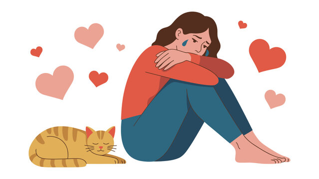 Melancholy & Companionship: A woman, her form embracing her knees, sheds a tear of sadness, while a feline companion offers comfort amid a floating heart, evoking a sense of empathy and solace.