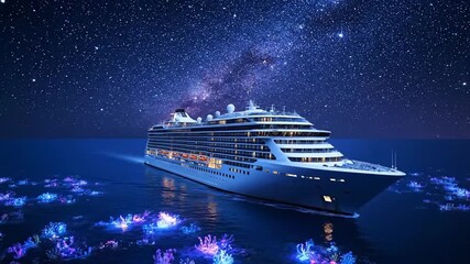 Cruise ship sailing through bioluminescent waters under starry night sky on travel journey