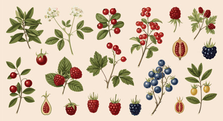 Blueberry, blackberry and cowberry watercolor illustration set. Variety of wild juicy and tasty organic berries collection. Huckleberry and lingonberry with green leaves elements on white background © bow