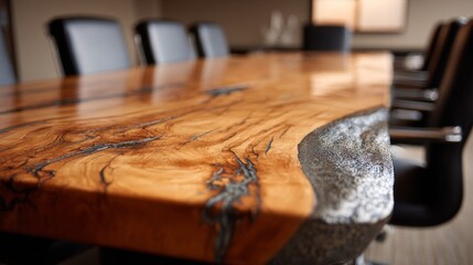 Modern business conference table closeup with documents, laptop, and office accessories in professional meeting room setting