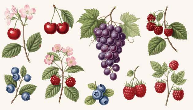 Vibrant watercolor illustration of assorted fresh fruits and berries arrangement