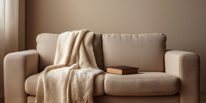 cozy beige fabric sofa featuring a cream wool blanket and a brown hardcover book against a solid warm beige wall background