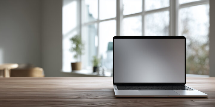 silver laptop rests on a brown wooden desk in a minimal modern workspace concept against a clean white wall background.