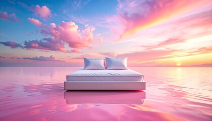 A white bed with pillows rests on a reflective pink surface under a dramatic sky of pink and purple clouds.