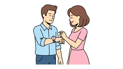 Fototapeta premium Love and Heart Rate: A couple shares an intimate moment, as the lady checks the gentleman's smartwatch, a heart symbol showing their connection, with the heart symbol telling the story.