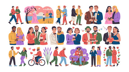 Fototapeta premium Joyful Love and Togetherness: A vibrant collection of illustrations capturing diverse couples sharing moments of intimacy, joy, and celebration, symbolizing love and togetherness.