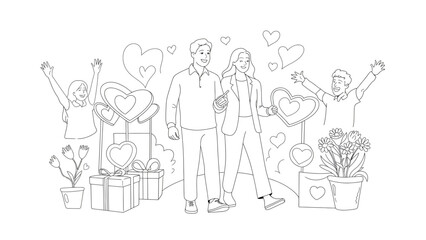 Obraz premium Love's Embrace: A tender couple strolls, embraced by hearts and tokens of affection, framed by a joyous community. A portrait of affection and support.
