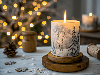 Cozy Winter Glow, Lit Candle with Snowy Forest Scene and Christmas Lights