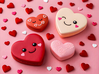  Cute Heart-Shaped Cookies with Smiling Faces on Pink Background