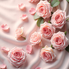 Fototapeta premium Ultra realistic pastel-toned roses scattered artistically on a smooth fabric surface, bright fresh mood, soft diffused lighting, delicate textures
