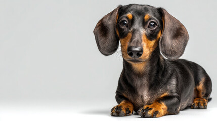 Dachshund Sitting with Its Back Turned and Head Facing Forward on White Background