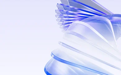 Selbstklebende Fototapeten Abstrakte Welle Abstract glass 3d background with layered effect, pastel light purple blue gradient. Render dynamic wave line pattern of crystal glossy shapes, graphic array. Futuristic tech banner. 3D illustration  © marozhkastudio