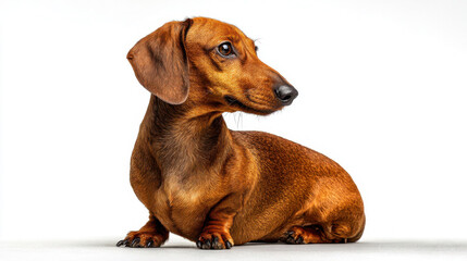Dachshund Sitting with Its Back Turned and Head Facing Forward on White Background