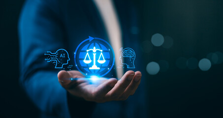 AI ethics, Integrating AI and law. A professional works on a laptop showing symbols of artificial...